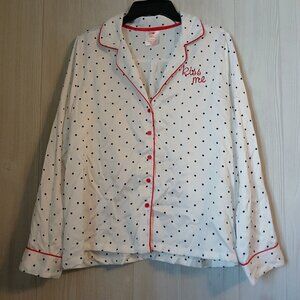 Snooze Button Women's Size XL White Polka Dot Kiss Me Button Up Pajama Top